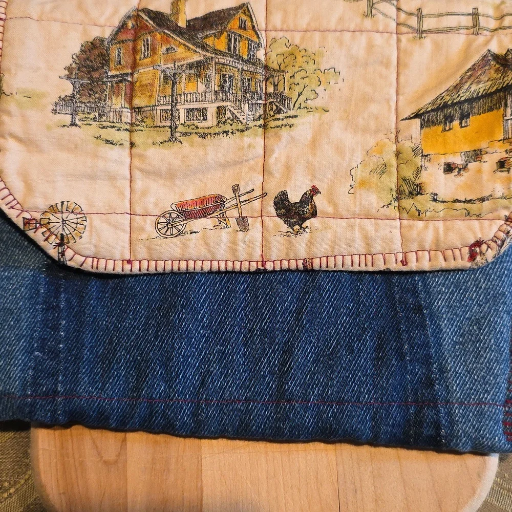 HAND CRAFTED Potato Pouch Microwave UPCYCLE Blue Denim Cotton Farmhouse 8.5 Inch